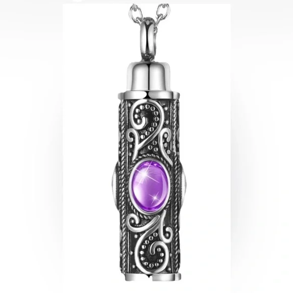 Stainless Steel Cremation Urn Necklace For Ashes With Purple Stone And Funnel - Picture 2 of 5